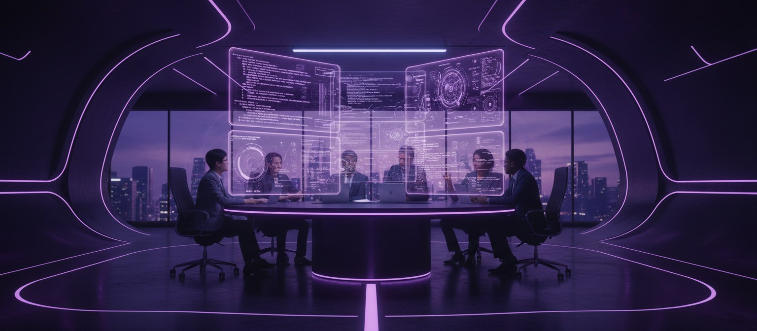Team collaborating in a futuristic technology briefing room