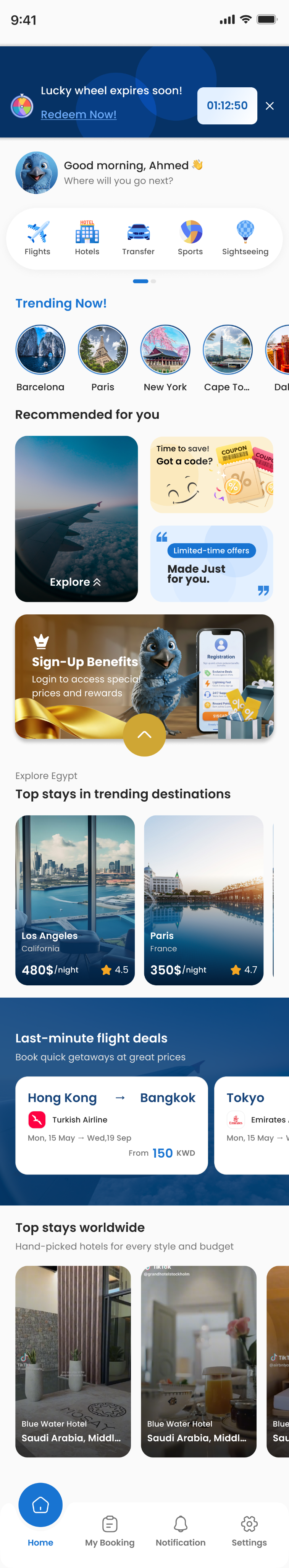 Travel app home screen with trending destinations