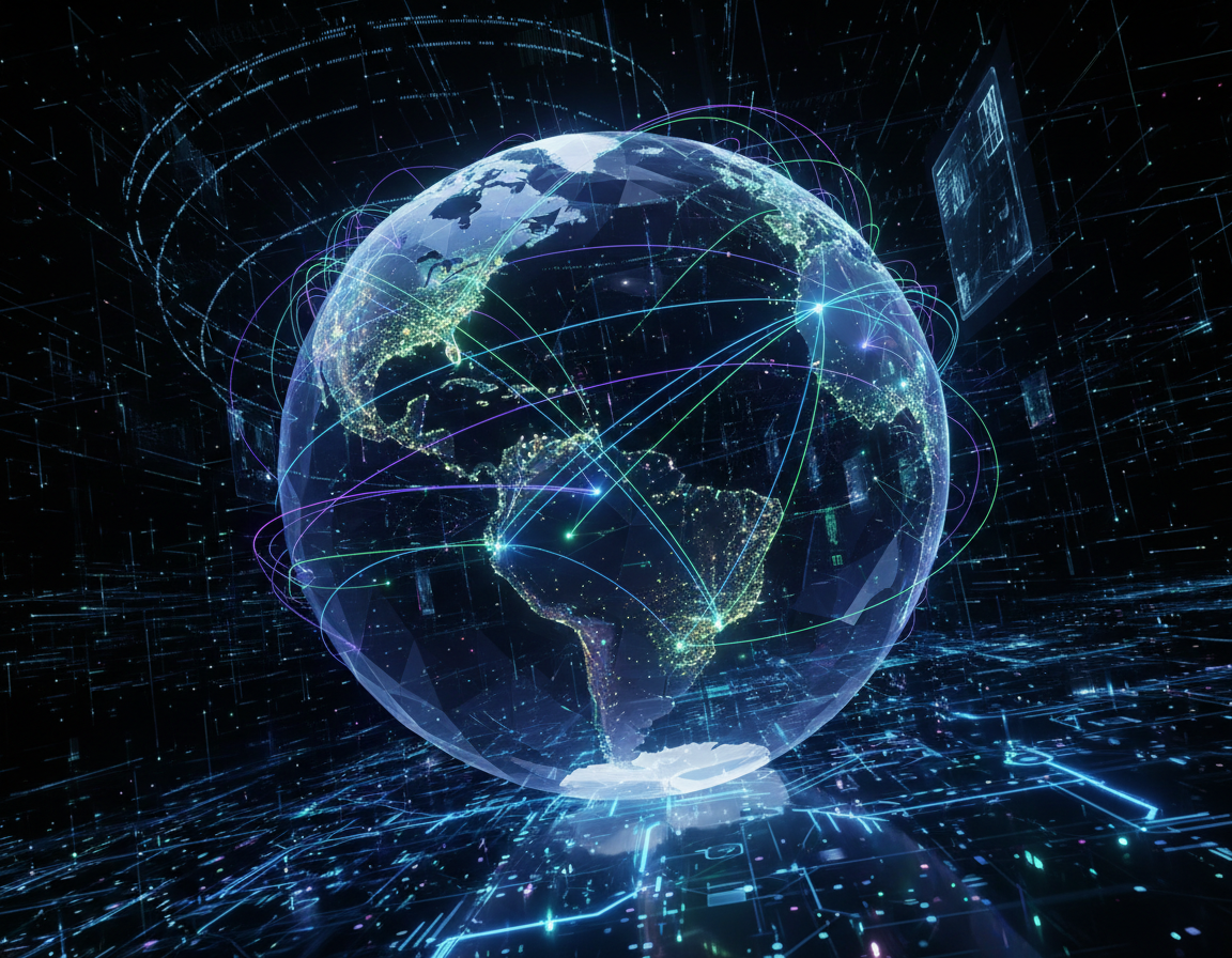Digital globe wrapped in glowing flight-route arcs and data connections over a dark network grid, representing a global agency distribution network