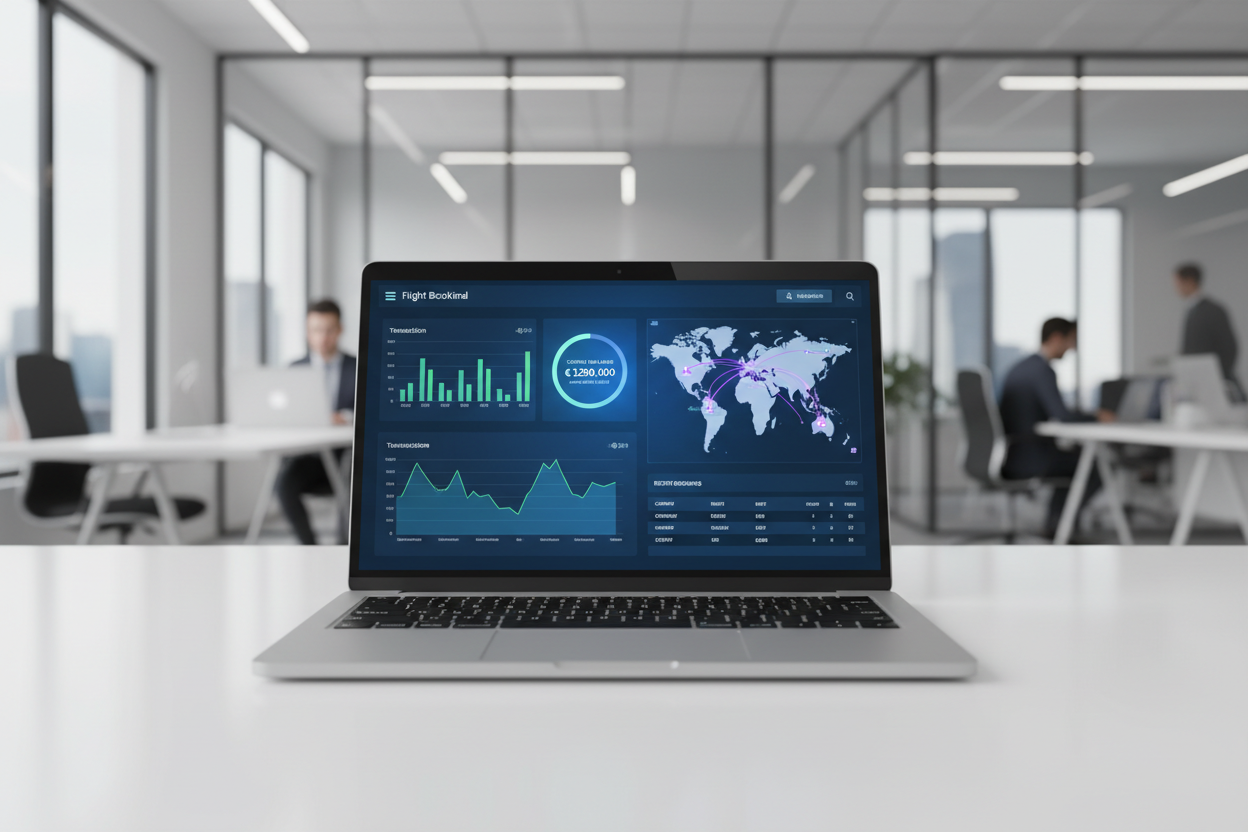 Laptop on an office desk displaying an agency booking dashboard with revenue charts, transaction graphs, and a world route map, with agency staff working in the background