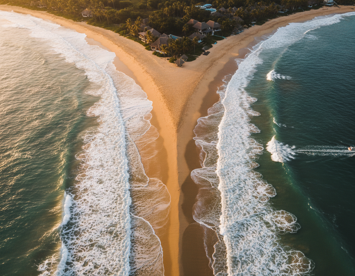 Aerial view of a sandbar beach flanked by two shorelines, with resort villas among the palms