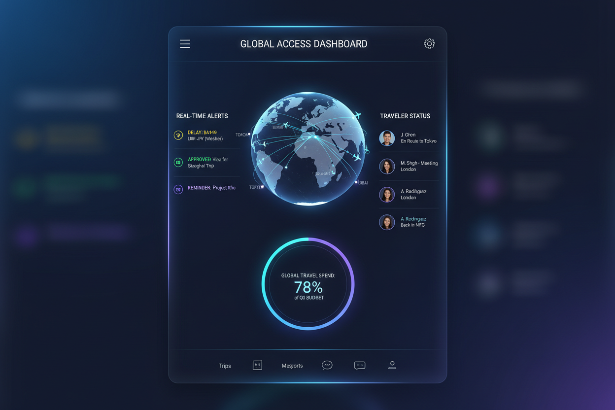 Corporate travel security dashboard displaying a real-time world map with traveler location tracking