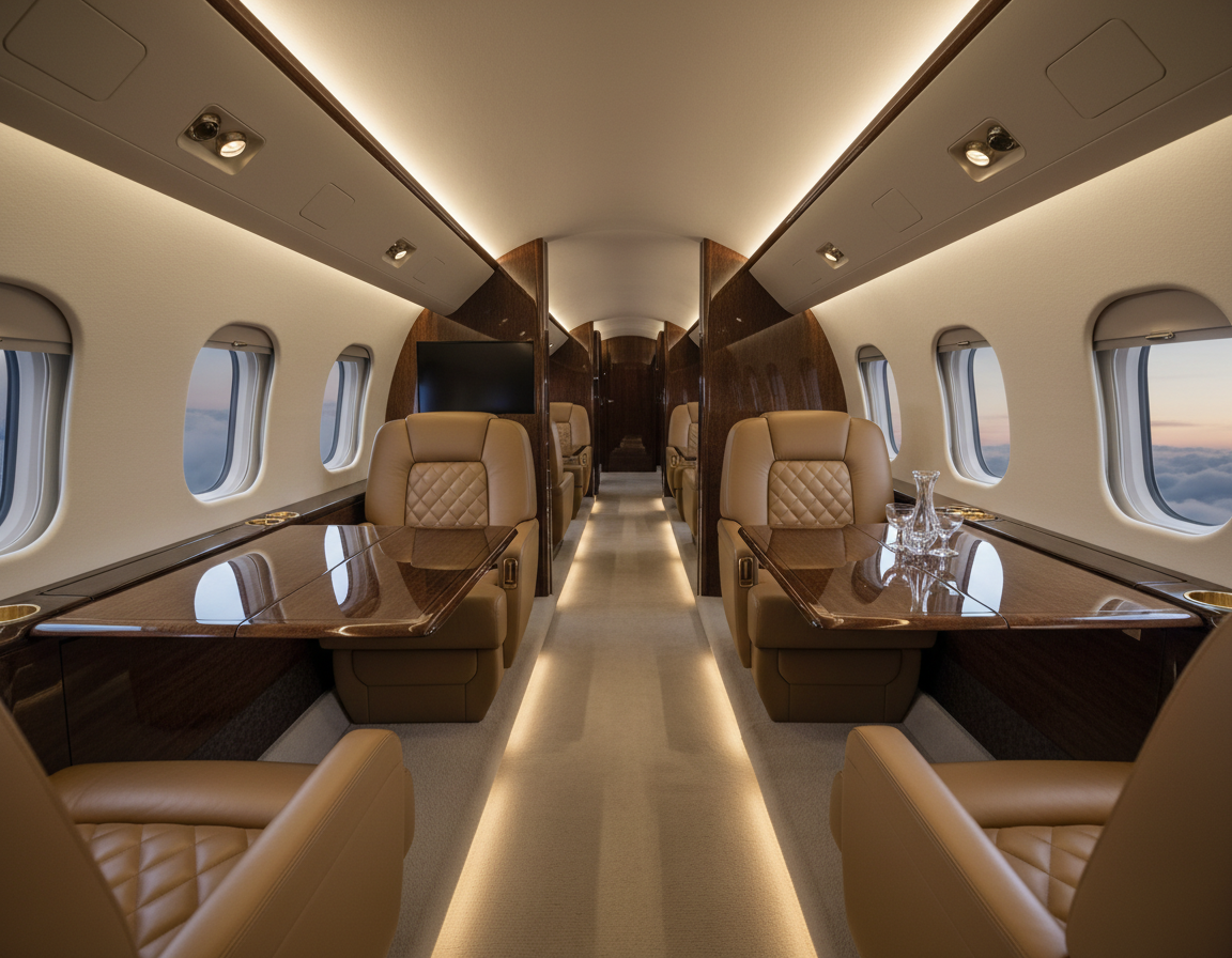 Interior of a private jet cabin with premium leather seating and warm ambient lighting