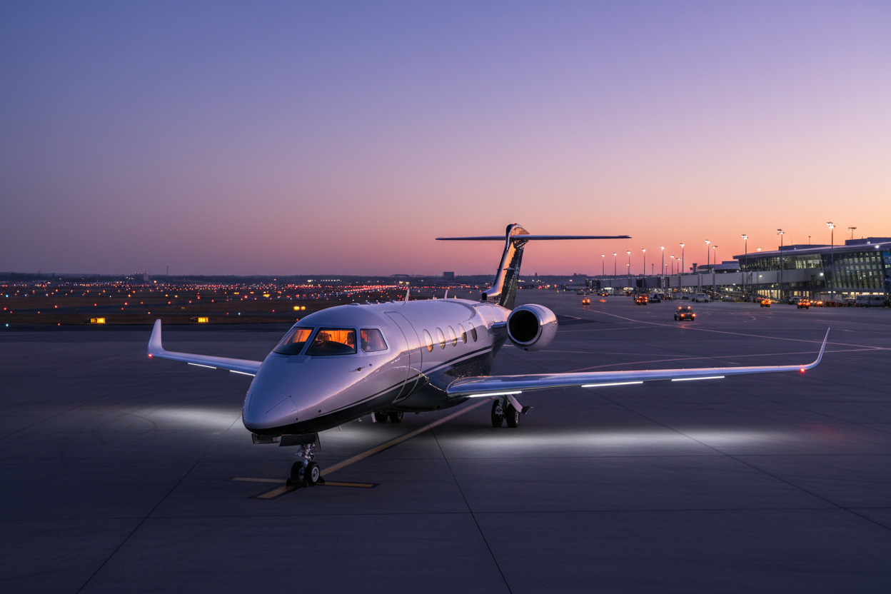 Private jet parked on the tarmac at dusk, ready for charter departure