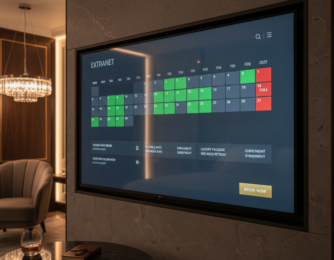 Wall-mounted display in a hotel suite showing a live room allotment calendar with a supplier status overlay card