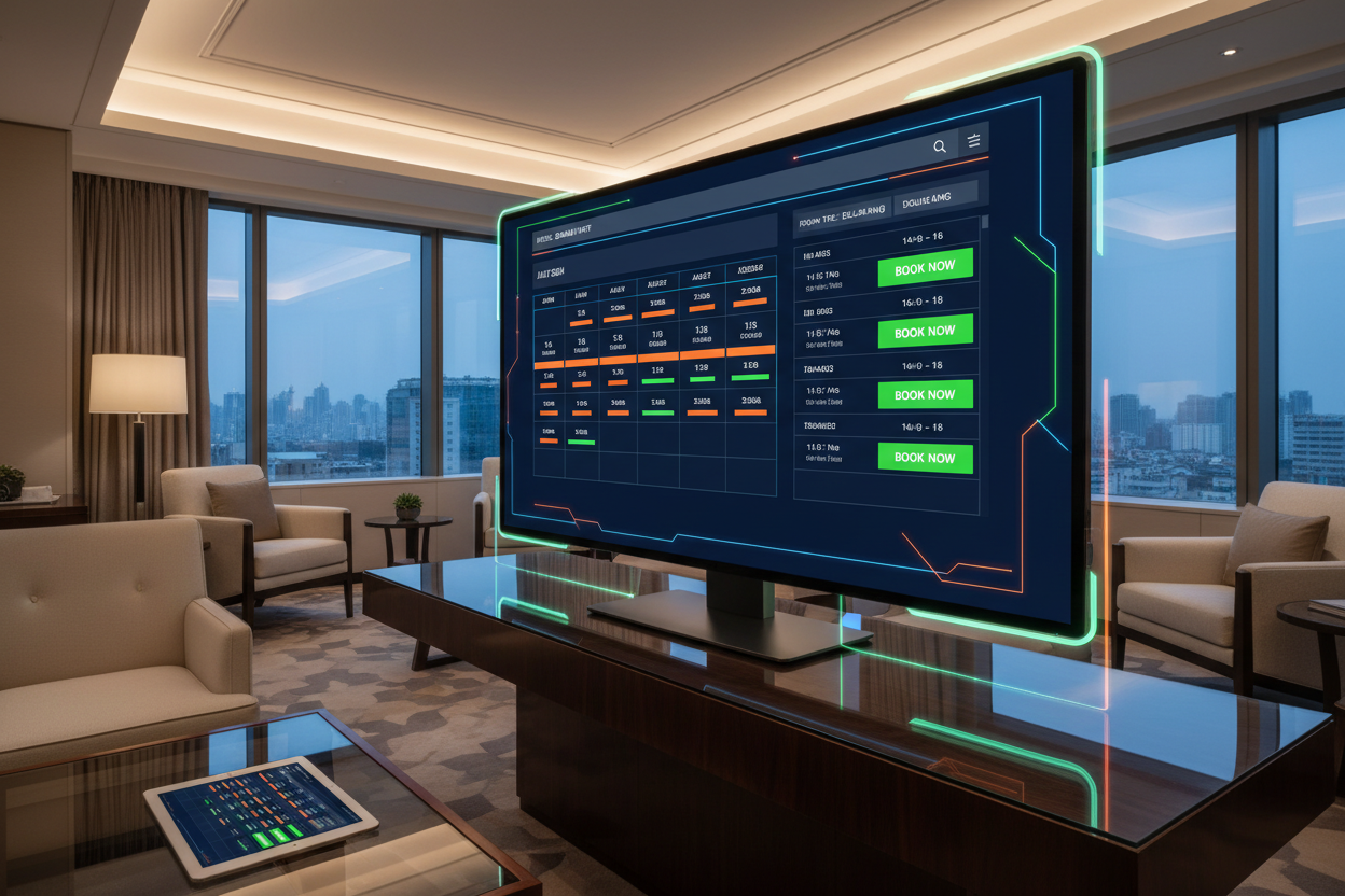 Hotel lounge with a large wall-mounted screen showing a live booking and rate management dashboard overlooking a city skyline
