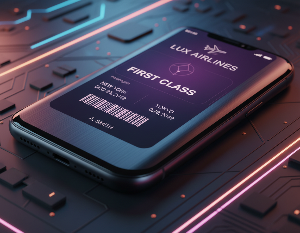 Mobile boarding pass for a first class Lux Airlines flight, resting on a lit circuit-board surface